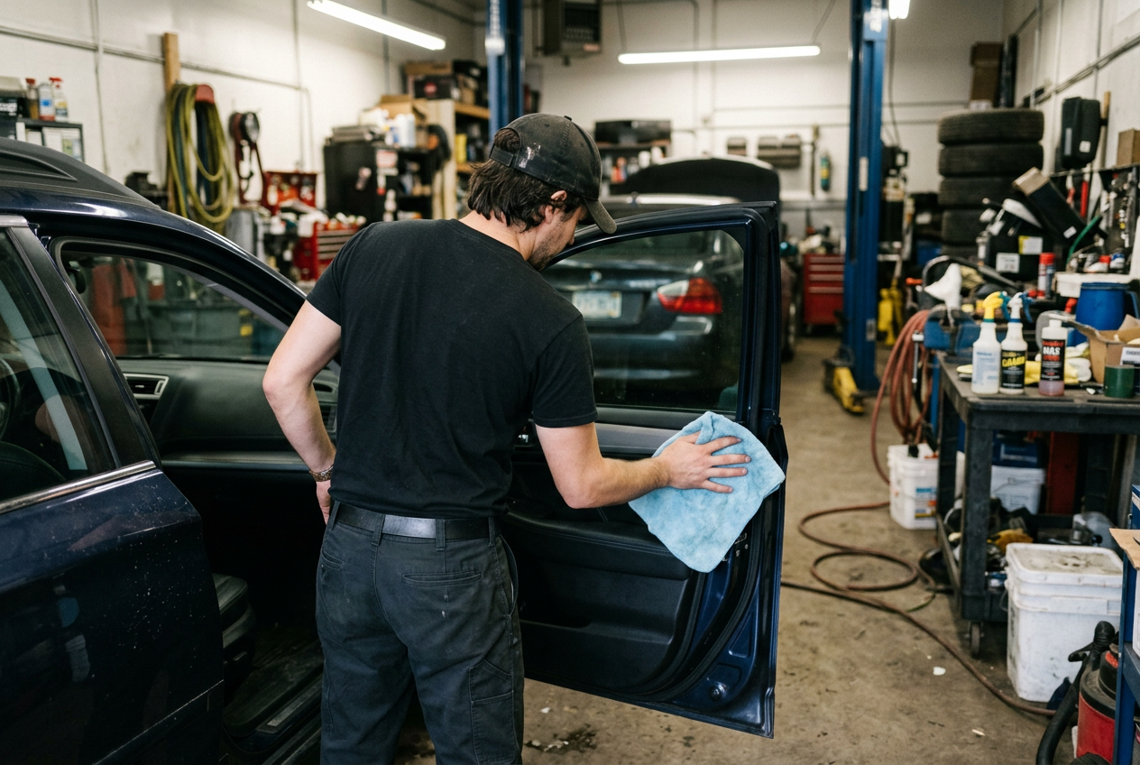 Norman's owner-operated detailing shop in Anchorage with a truck ready for its interior work