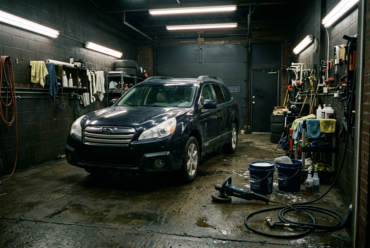 Detailer wiping down a freshly polished dark SUV inside the Twisted Auto Detail shop in Anchorage