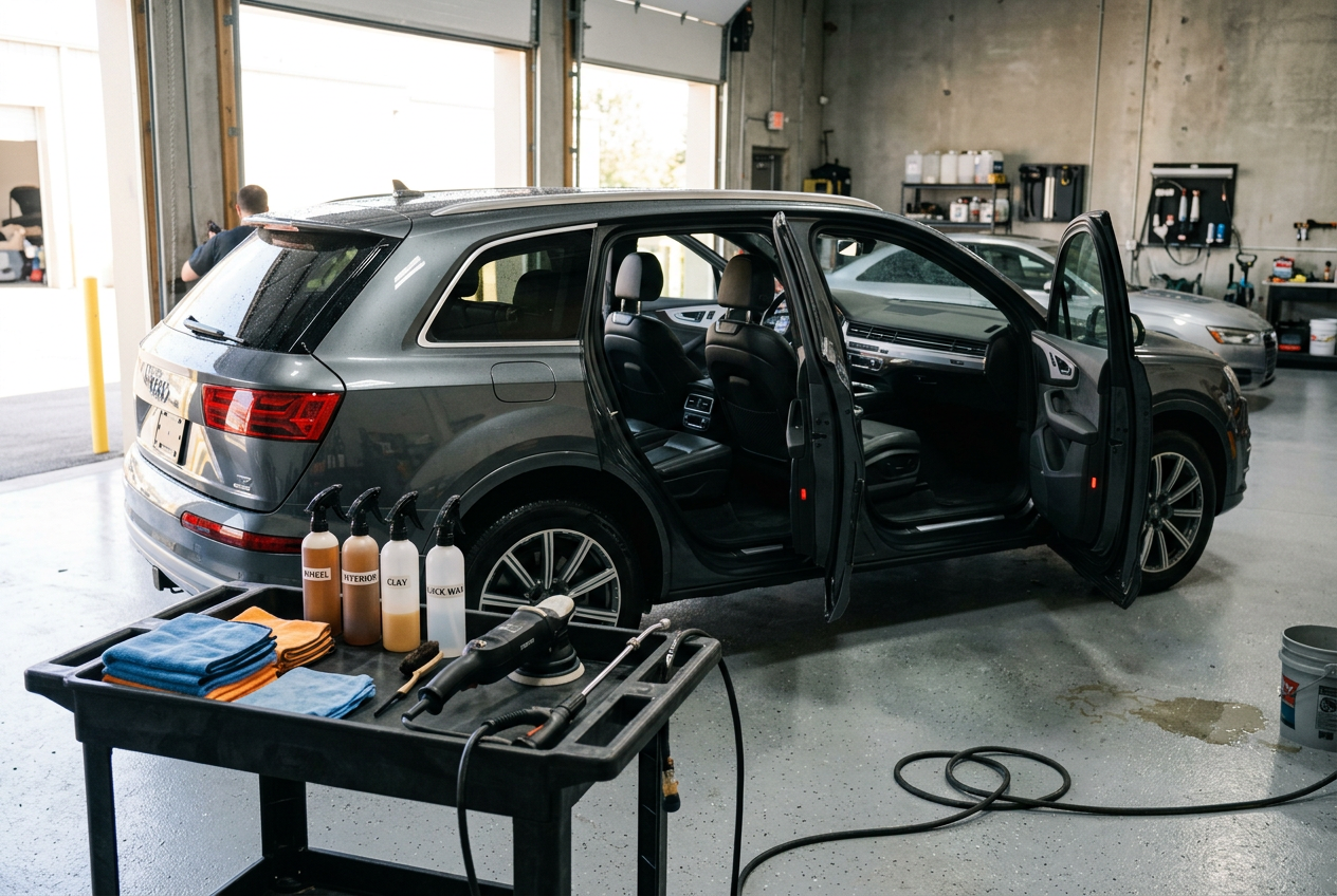 Bright Anchorage detailing bay with a vehicle mid-service and polishing tools laid out on the bench